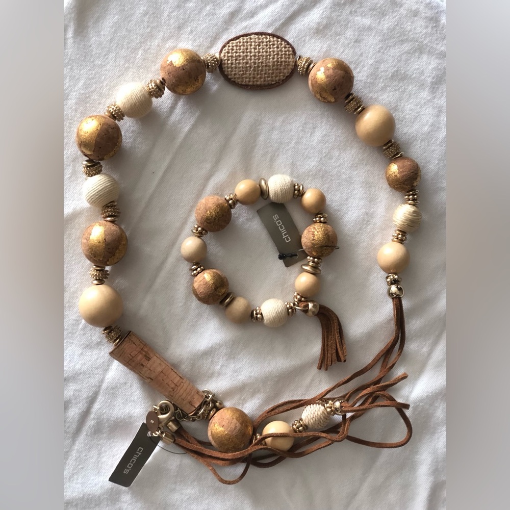 Chico’s Leather Cork Wood Necklace Bracelet Tassel